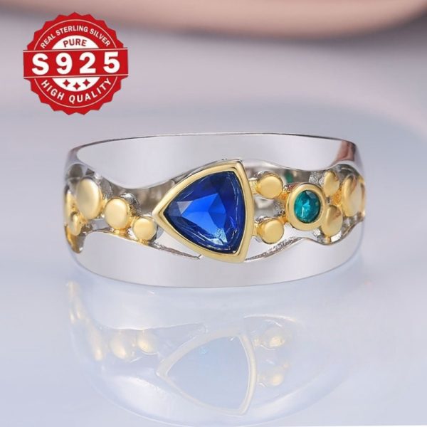 Vintage Nautical Style 925 Sterling Silver Ring with Synthetic Blue Sapphire and Turquoise Gems, 5g Pure Silver Plated, Ideal for Wedding and Party Jewelry, All Seasons Compatible, Perfect for Valentine's Day Gift - Image 5