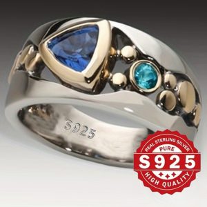 Vintage Nautical Style 925 Sterling Silver Ring with Synthetic Blue Sapphire and Turquoise Gems, 5g Pure Silver Plated, Ideal for Wedding and Party Jewelry, All Seasons Compatible, Perfect for Valentine's Day Gift