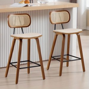 2 Pcs 26 Inches Modern Bar Stools with Rattan Back, PU Upholstered Kitchen Island Chair with Solid Wood Legs for Home Bar Coffee Shop