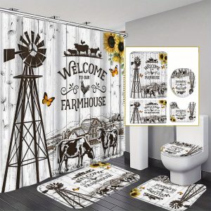 4PCs Windmill with Cow Curtain Shower Curtain Decoration, Beautiful Housewarming Gift Modern Home Decoration, Waterproof Shower Curtain and Toilet Floor Mat Three-Piece Set Comes with 12 Shower Curtain Hooks