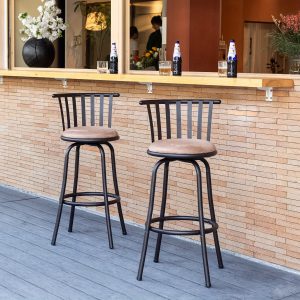Set of 2 Swivel 29'' Counter Height Bar Stools, Country Style Bar Chairs with Back and Footrest, Upholstered Fabric Seat in Rustic Brown and Black