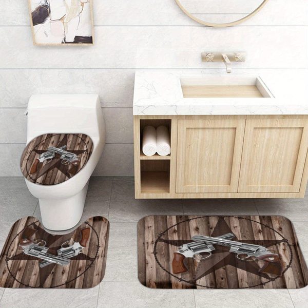 1/4pcs Rustic Western Farmhouse Shower Curtain Set - Waterproof, 71X71in, Bath Mat Rug, Shaped Toilet Seat Cover, Texas Star Decor - Country Gray Barn Door Bathroom Home Decoration - Image 5