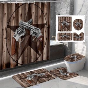 1/4pcs Rustic Western Farmhouse Shower Curtain Set - Waterproof, 71X71in, Bath Mat Rug, Shaped Toilet Seat Cover, Texas Star Decor - Country Gray Barn Door Bathroom Home Decoration