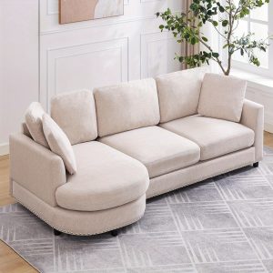 Luxury Cloud Sofa - 3-Seat Modern Linen Fabric Couch with Curved Chaise, 2 Support Throw Pillows, Soft Upholstered Couches for Living Room, Ideal for Relaxation and Entertainment