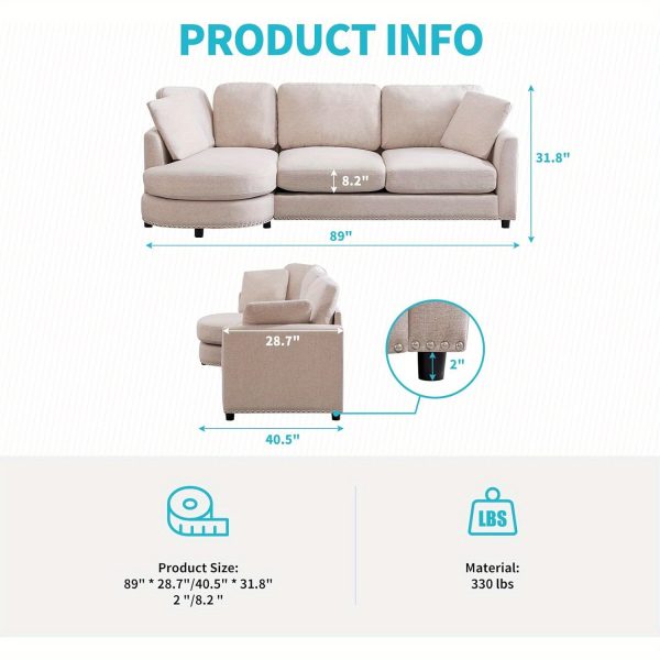 Luxury Cloud Sofa - 3-Seat Modern Linen Fabric Couch with Curved Chaise, 2 Support Throw Pillows, Soft Upholstered Couches for Living Room, Ideal for Relaxation and Entertainment - Image 2