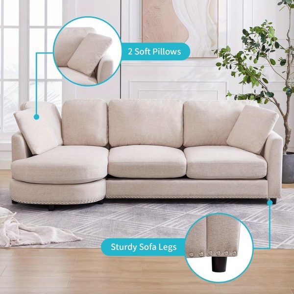 Luxury Cloud Sofa - 3-Seat Modern Linen Fabric Couch with Curved Chaise, 2 Support Throw Pillows, Soft Upholstered Couches for Living Room, Ideal for Relaxation and Entertainment - Image 4