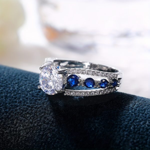 1PS S925 Silver Inlaid Center Stone 2 Carat Moissanite Side Stone Inlaid Zircon And Blue Fused Alumina Ring Unisex Daily Wear Party Banquet Gifts - Image 7