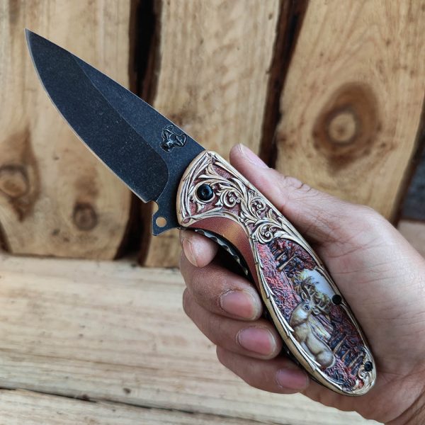 1pc Stainless Steel Survival Knife, 440C Stonewash Blade, Folding EDC Pocket Utility Knife with Animal Carved Handle for Camping Hiking Outdoor Tools - Image 5