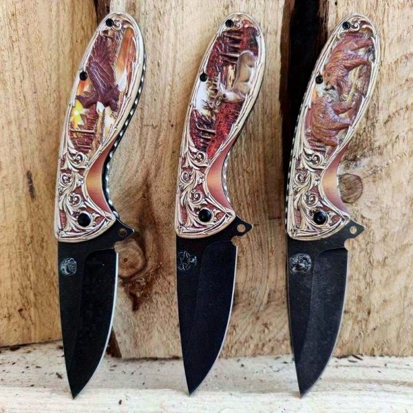 1pc Stainless Steel Survival Knife, 440C Stonewash Blade, Folding EDC Pocket Utility Knife with Animal Carved Handle for Camping Hiking Outdoor Tools - Image 2