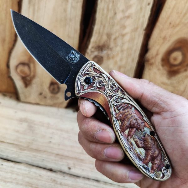 1pc Stainless Steel Survival Knife, 440C Stonewash Blade, Folding EDC Pocket Utility Knife with Animal Carved Handle for Camping Hiking Outdoor Tools - Image 7