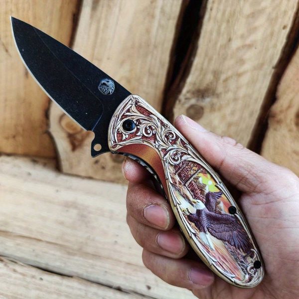 1pc Stainless Steel Survival Knife, 440C Stonewash Blade, Folding EDC Pocket Utility Knife with Animal Carved Handle for Camping Hiking Outdoor Tools - Image 6