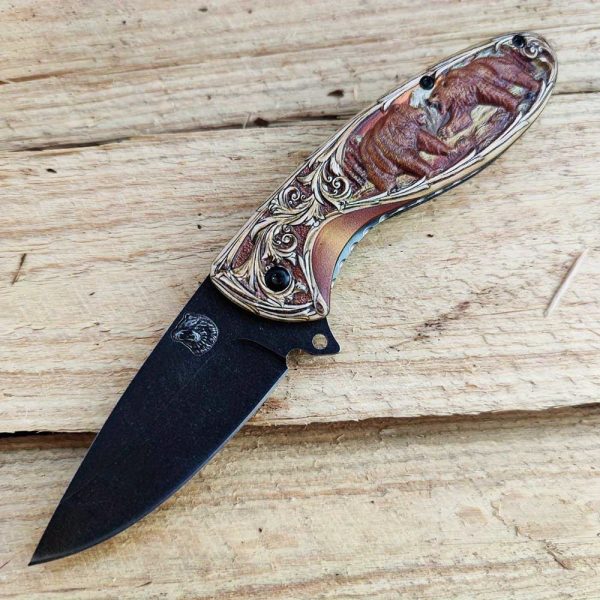 1pc Stainless Steel Survival Knife, 440C Stonewash Blade, Folding EDC Pocket Utility Knife with Animal Carved Handle for Camping Hiking Outdoor Tools - Image 3