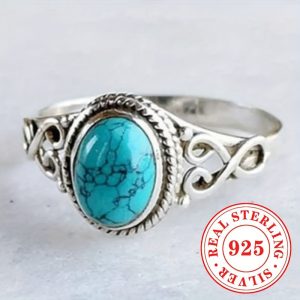 Vintage Boho Sterling Silver Ring with Synthetic Turquoise Stone, December Birthstone, 925 Silver, Women's Fashion Personality Ring, Bohemian Antique Style Jewelry for Daily & Party Occasions - 2.8g Single Piece