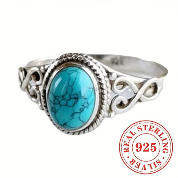 Vintage Boho Sterling Silver Ring with Synthetic Turquoise Stone, December Birthstone, 925 Silver, Women's Fashion Personality Ring, Bohemian Antique Style Jewelry for Daily & Party Occasions - 2.8g Single Piece - Image 6