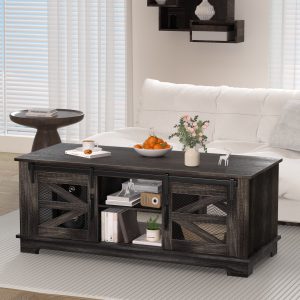 Coffee table, barn style coffee table, simple modern small living room coffee table, center table with mesh barn door and adjustable shelf, living room table, dark brown 47.24 "x21.65" x18.9"