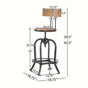 Solid Wood Bar Chair with Backrest, Retro Bar Chair with Rotatable And Height Adjustable, Metal Frame, Suitable for Restaurants, Bars, Kitchens