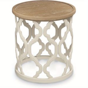 Farmhouse End Table, 17. 7'' Round French Country Side Table, Distressed Wood Tray Top Rustic Accent Table with Lipped Edge for Living Room Dining Room Bedroom, Small Space, Beige
