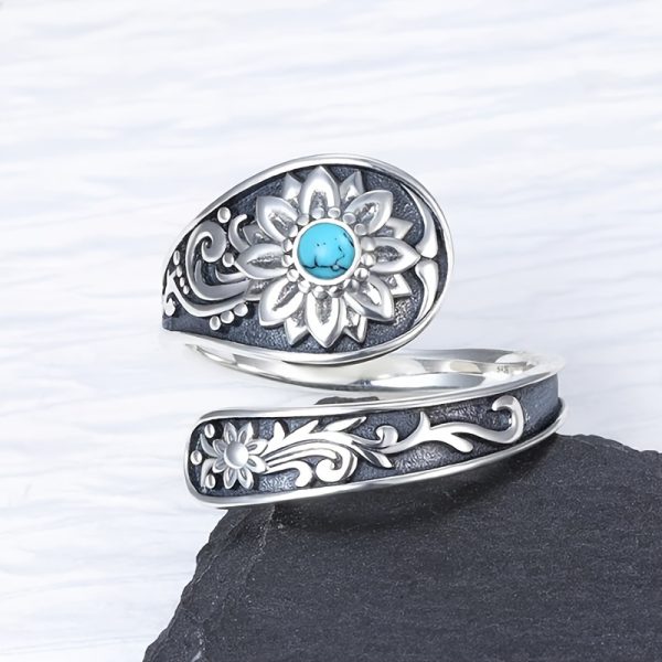3.4g 925 Sterling Silver Spoon Ring - Exquisite Turquoise Accent Sunflower Carving, Timeless Wedding Jewelry, Reusable & Versatile Accessory for Any Occasion - Image 7