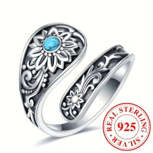 3.4g 925 Sterling Silver Spoon Ring - Exquisite Turquoise Accent Sunflower Carving, Timeless Wedding Jewelry, Reusable & Versatile Accessory for Any Occasion