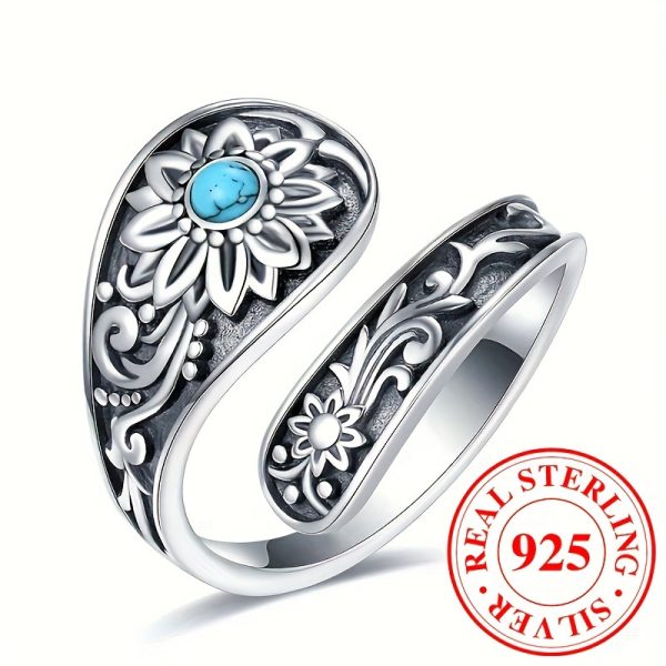 3.4g 925 Sterling Silver Spoon Ring - Exquisite Turquoise Accent Sunflower Carving, Timeless Wedding Jewelry, Reusable & Versatile Accessory for Any Occasion