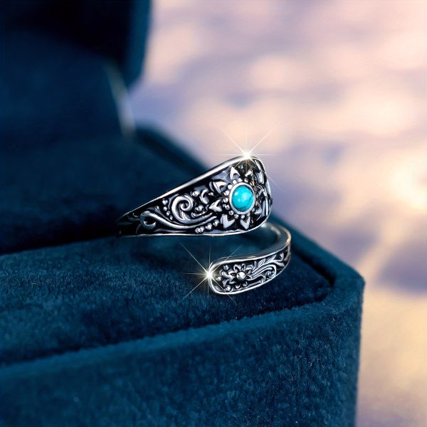 3.4g 925 Sterling Silver Spoon Ring - Exquisite Turquoise Accent Sunflower Carving, Timeless Wedding Jewelry, Reusable & Versatile Accessory for Any Occasion - Image 6