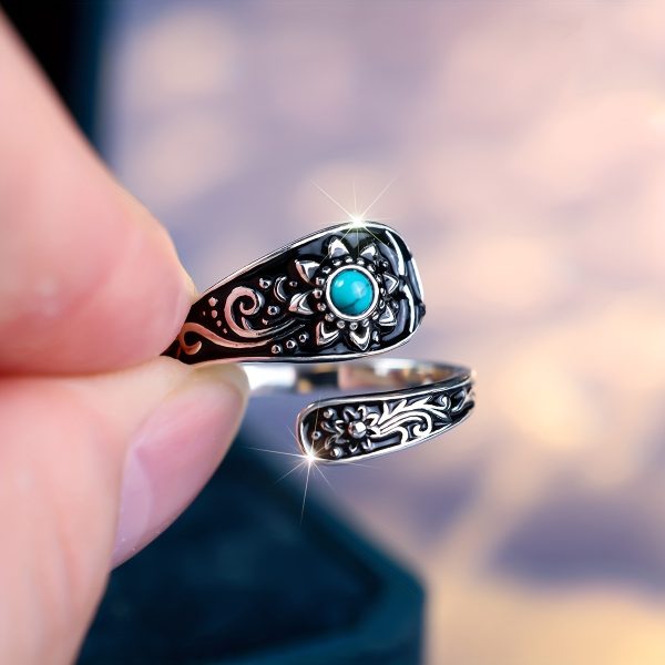 3.4g 925 Sterling Silver Spoon Ring - Exquisite Turquoise Accent Sunflower Carving, Timeless Wedding Jewelry, Reusable & Versatile Accessory for Any Occasion - Image 3