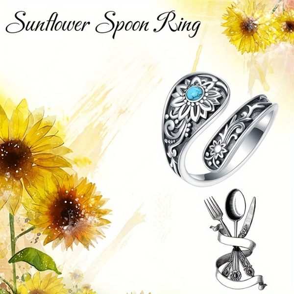 3.4g 925 Sterling Silver Spoon Ring - Exquisite Turquoise Accent Sunflower Carving, Timeless Wedding Jewelry, Reusable & Versatile Accessory for Any Occasion - Image 2