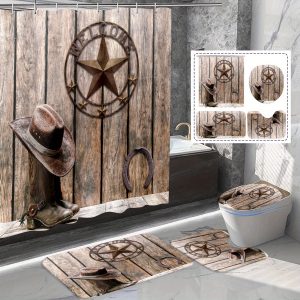 Texas Star Western Bath Set: 71X71In/180X180Cm, Rustic Wooden Board, Cowboy Hat, Horseshoe, And Boot Decoration, Waterproof Curtain, Bath Mat, And Toilet Cover