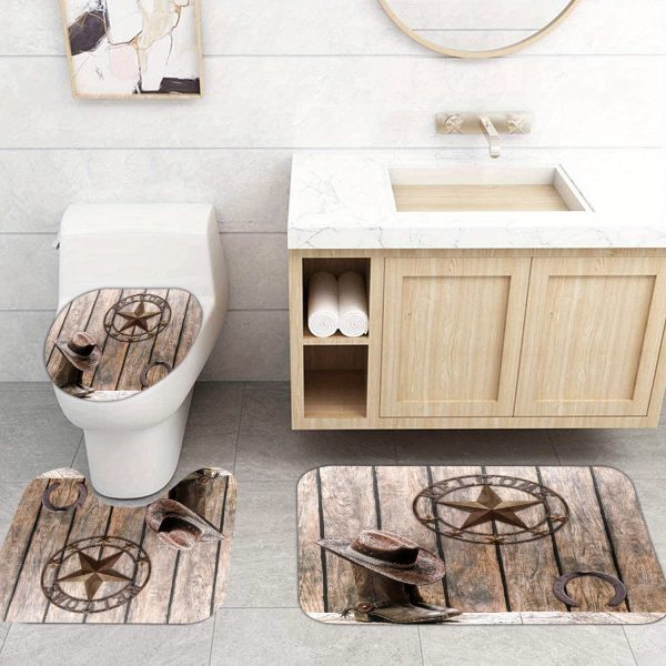 Texas Star Western Bath Set: 71X71In/180X180Cm, Rustic Wooden Board, Cowboy Hat, Horseshoe, And Boot Decoration, Waterproof Curtain, Bath Mat, And Toilet Cover - Image 2