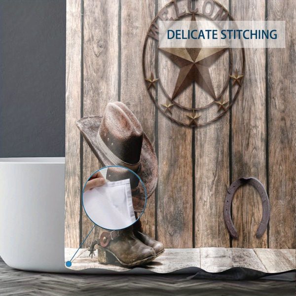 Texas Star Western Bath Set: 71X71In/180X180Cm, Rustic Wooden Board, Cowboy Hat, Horseshoe, And Boot Decoration, Waterproof Curtain, Bath Mat, And Toilet Cover - Image 6