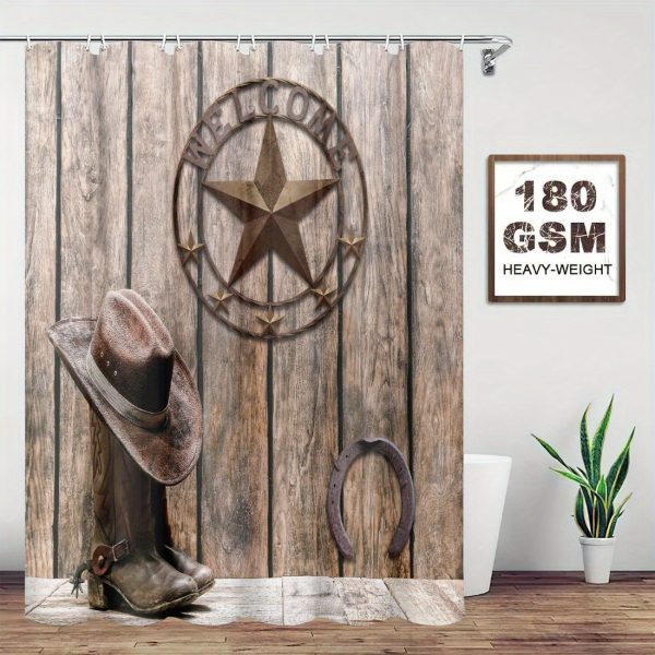 Texas Star Western Bath Set: 71X71In/180X180Cm, Rustic Wooden Board, Cowboy Hat, Horseshoe, And Boot Decoration, Waterproof Curtain, Bath Mat, And Toilet Cover - Image 5