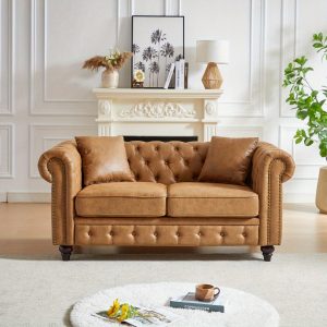 FX 63.5" Contemporary Design chesterfield sofa, Tech Fabric Button Design Living Room Sectional, Button Tufted with Nail Design Arms with 2 Pillows, Upholstered Upholstery and Wooden Legs