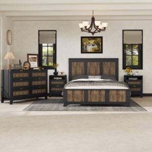 Bedroom set with full-size/queen sized farmhouse platform bed, decorated with wooden strips, storage bedside table, and dressing table with metal handle