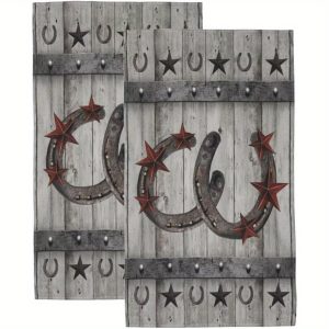 Set of 2 Soft Absorbent Texas Star Bathroom Hand Towel Kitchen Towel Dish Towel, Vintage Barn Door Rural Rusty Horseshoe Wooden Farmhouse Western Style Decorative, 118*26 Inches for Face, Hair, Gym