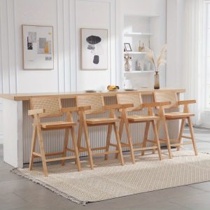 2Pcs Simple Natural Wooden Rattan Counter Bar Stool, Modern Farmhouse Bar Stool, with Rattan Backrest/ seat and Armrest, Elegant and Comfortable Counter Stool, Suitable for Kitchen/ dining Room, 26 Inches