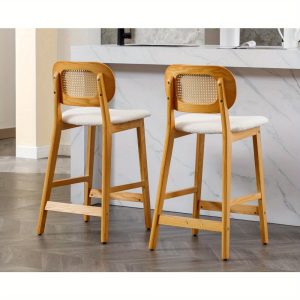 2pcs Rural Cottage with Rattan Backrest Dining Chairs, Farmhouse Bar Stools, Wooden Comfortable Cushioned Kitchen Island Chairs and Bar Chairs, Suitable for Bars/ breakfast Bars/ restaurants/ kitchens