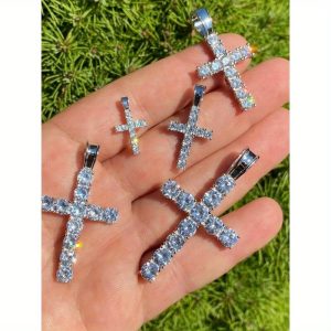 Moissanite Cross Pendant - 5 Sizes Tennis Cross Available For Men Or Ladies - Great Hip Hop Pendant For Any Necklace - Real Moissanite Jewelry Passes Diamond Tester GRA Certified - Solid 925 Sterling Silver