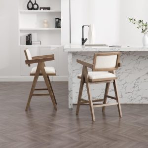 2pcs French Country Wooden Counter Stools with White Soft Cushioned Armrests, Equipped with Footrests and Wooden Frame Bar Chairs, Suitable for Home/ bar/ kitchen/ restaurant, 26 Inches