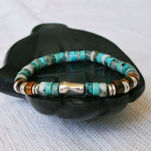 Natural Stone Mens Turquoise Beaded Bracelet, Bohemian Style Unique Jewelry for Men