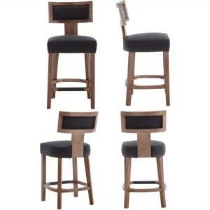 2Pcs Farmhouse High-end Gray Counter High Natural Wooden Leg Bar Stool, Linen Cushioned Counter Stool Chair, with Nail Head Decorative Backrest Dining Chair, Suitable for Kitchen Island, Bar, and Restaurant