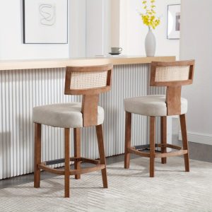 2pcs French Country House Natural Wooden Leg Bar Stool with Rattan Backrest Soft Cushioned Counter Dining Chair, Suitable for Kitchen Island, Bar, Restaurant