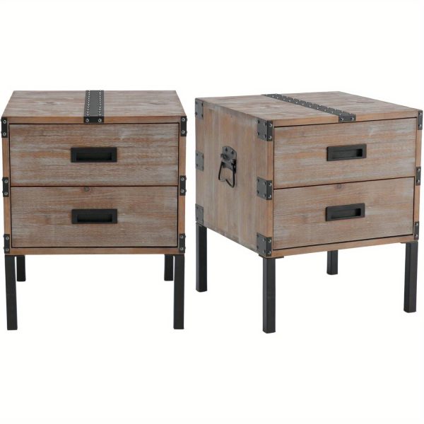 1Pc 18 Inches Wide W-square Industrial Bedside Table with Metal Legs and Country Edge Stand, Wooden Edge Table with 2 Drawers for Storage, Living Room Bedside Table, Bedroom Bedside Table - Image 9