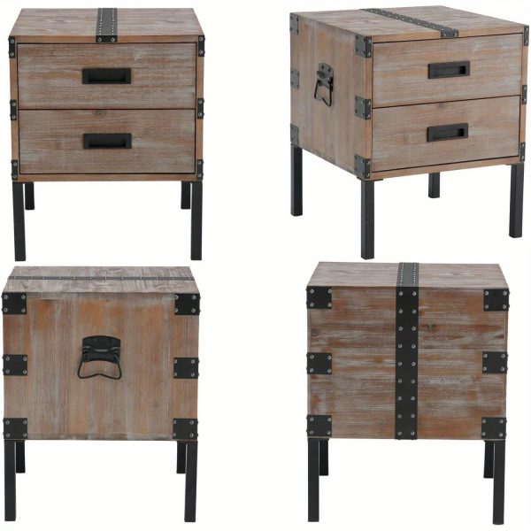 1Pc 18 Inches Wide W-square Industrial Bedside Table with Metal Legs and Country Edge Stand, Wooden Edge Table with 2 Drawers for Storage, Living Room Bedside Table, Bedroom Bedside Table - Image 5