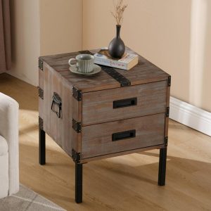 1Pc 18 Inches Wide W-square Industrial Bedside Table with Metal Legs and Country Edge Stand, Wooden Edge Table with 2 Drawers for Storage, Living Room Bedside Table, Bedroom Bedside Table