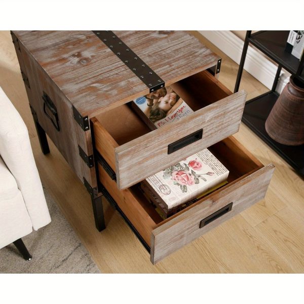 1Pc 18 Inches Wide W-square Industrial Bedside Table with Metal Legs and Country Edge Stand, Wooden Edge Table with 2 Drawers for Storage, Living Room Bedside Table, Bedroom Bedside Table - Image 4