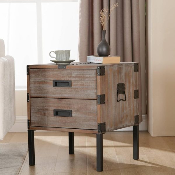 1Pc 18 Inches Wide W-square Industrial Bedside Table with Metal Legs and Country Edge Stand, Wooden Edge Table with 2 Drawers for Storage, Living Room Bedside Table, Bedroom Bedside Table - Image 3