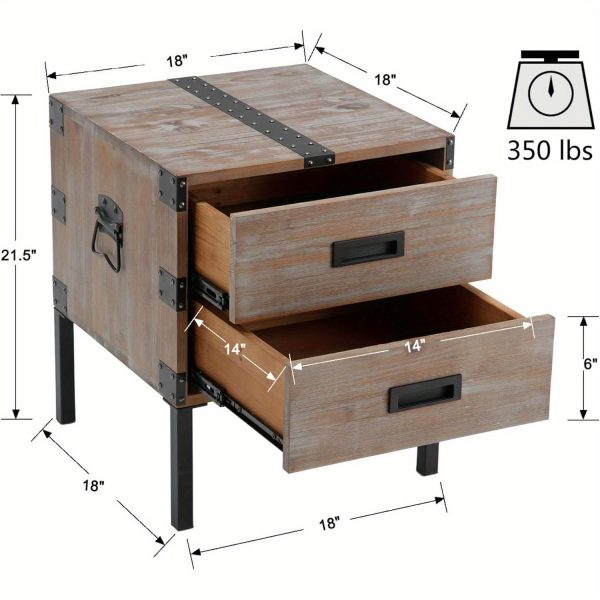 1Pc 18 Inches Wide W-square Industrial Bedside Table with Metal Legs and Country Edge Stand, Wooden Edge Table with 2 Drawers for Storage, Living Room Bedside Table, Bedroom Bedside Table - Image 2