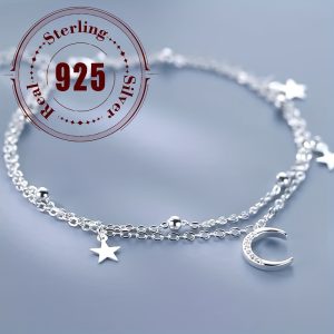 Sterling Silver 925 Double Layered Star and Moon Charm Bracelet - Bohemian and Hip-Hop Inspired, Perfect for Daily Wear and Parties, Stylish Accessory for Women and Girls