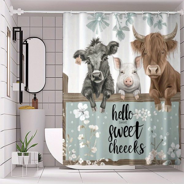 Animal Farmhouse Bathroom Decor Set, 4pcs Water-Resistant Woven Polyester Bath Ensemble with Free Hooks, Machine Washable Digital Print Artistic Divider with Farm Animals Design - Image 4