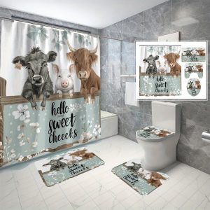 Animal Farmhouse Bathroom Decor Set, 4pcs Water-Resistant Woven Polyester Bath Ensemble with Free Hooks, Machine Washable Digital Print Artistic Divider with Farm Animals Design